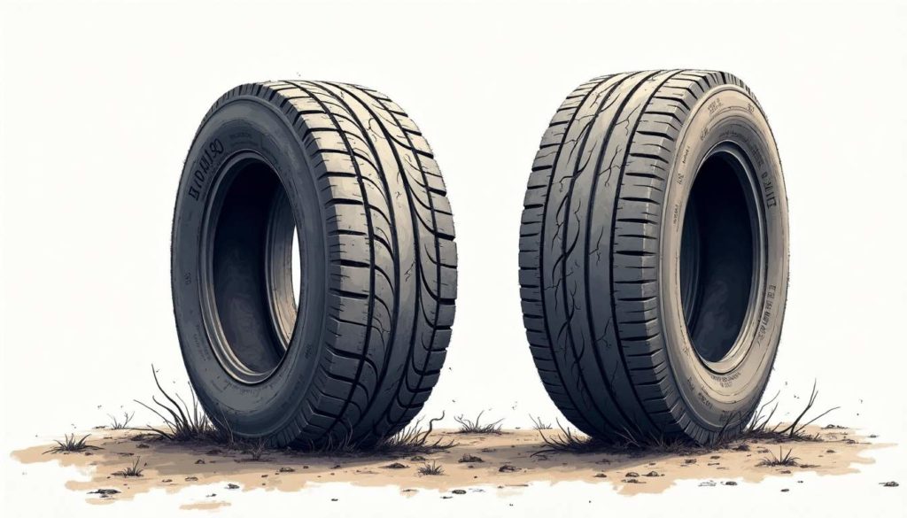 An aged tire with visible wear and tear