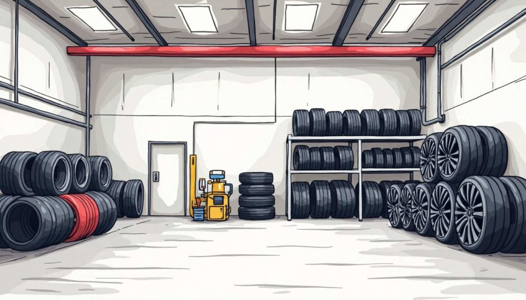 Draw an illustration of a modern tire storage facility with neatly stacked tires