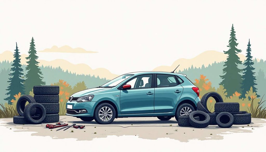 A tire change scene featuring a variety of car tires