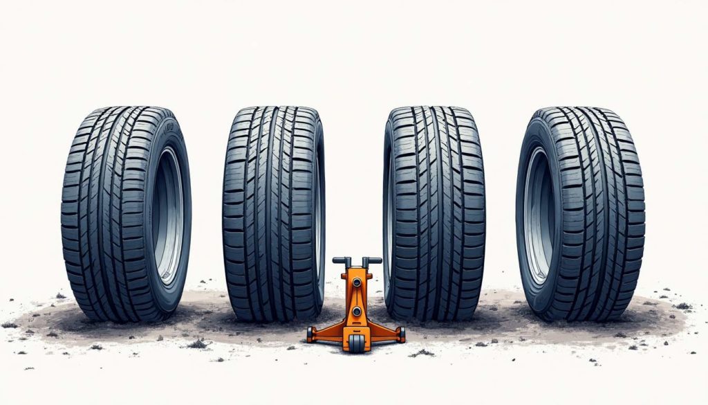 A set of winter and summer tires side by side