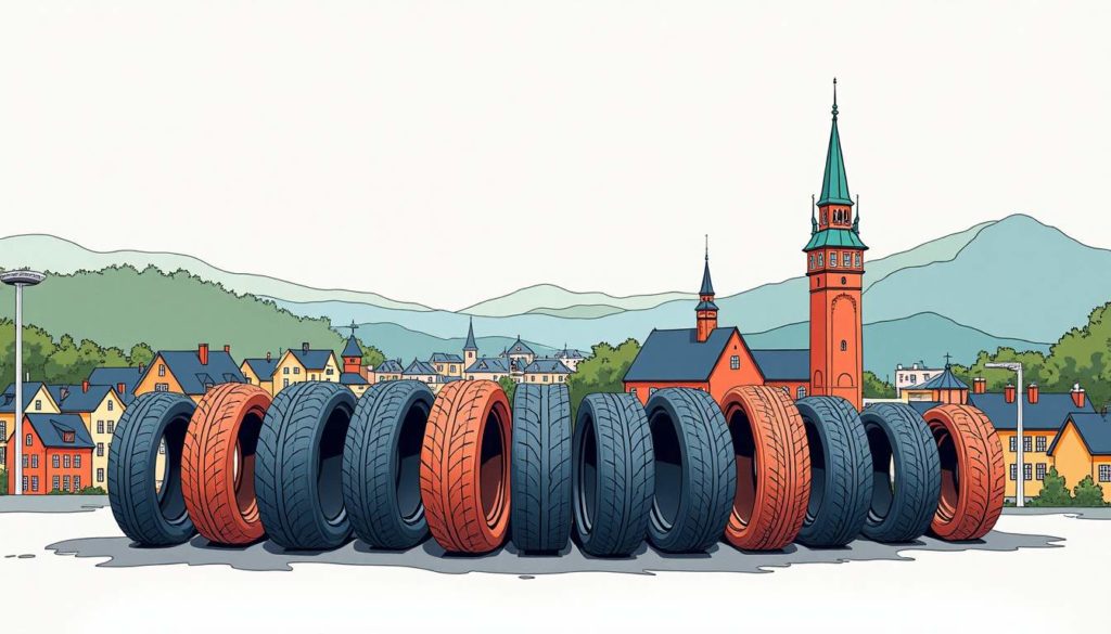 An assortment of affordable tires displayed in a vibrant tønsberg setting
