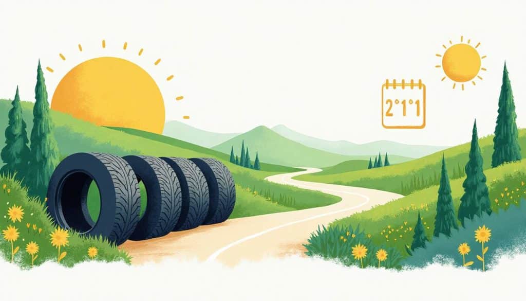 A set of summer tires on a winding road surrounded by vibrant green landscapes