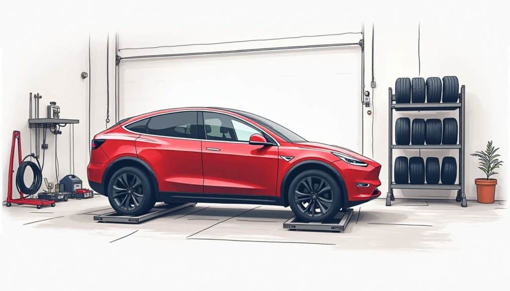 A tesla model y with its tires being changed