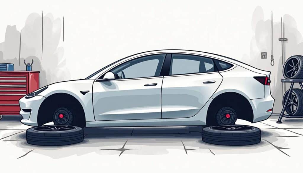 A tesla model 3 with its wheels being swapped out for new tires
