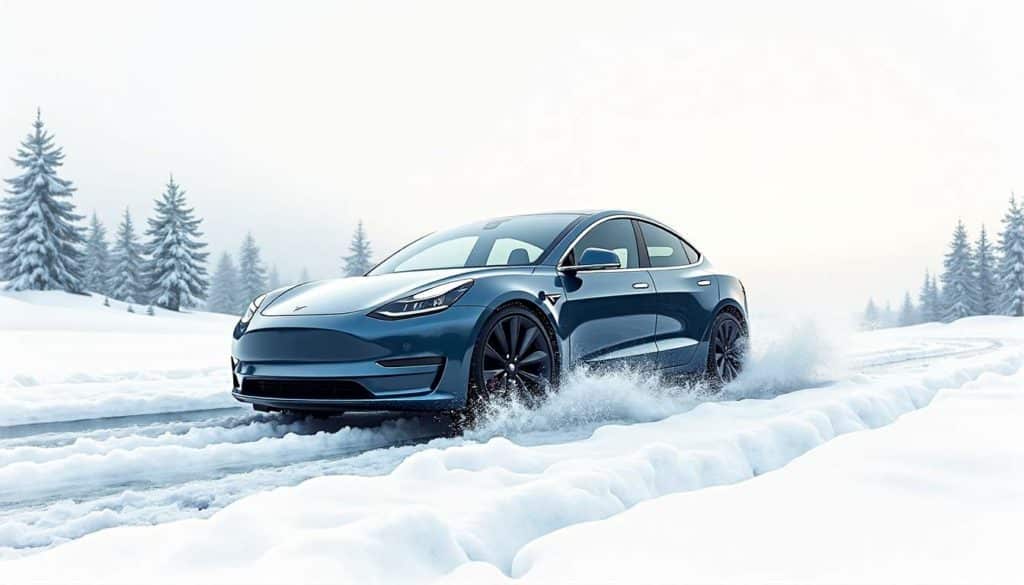 A tesla car equipped with winter tires driving through a snowy landscape