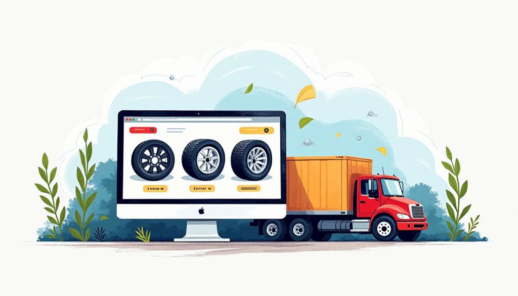 A vibrant online shopping scene featuring a variety of tire types and sizes displayed on a computer screen
