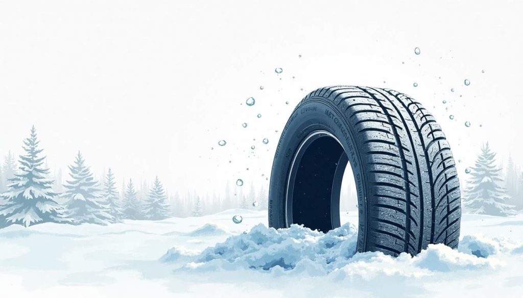 An abstract winter landscape featuring a close-up view of a tire with visible tread patterns